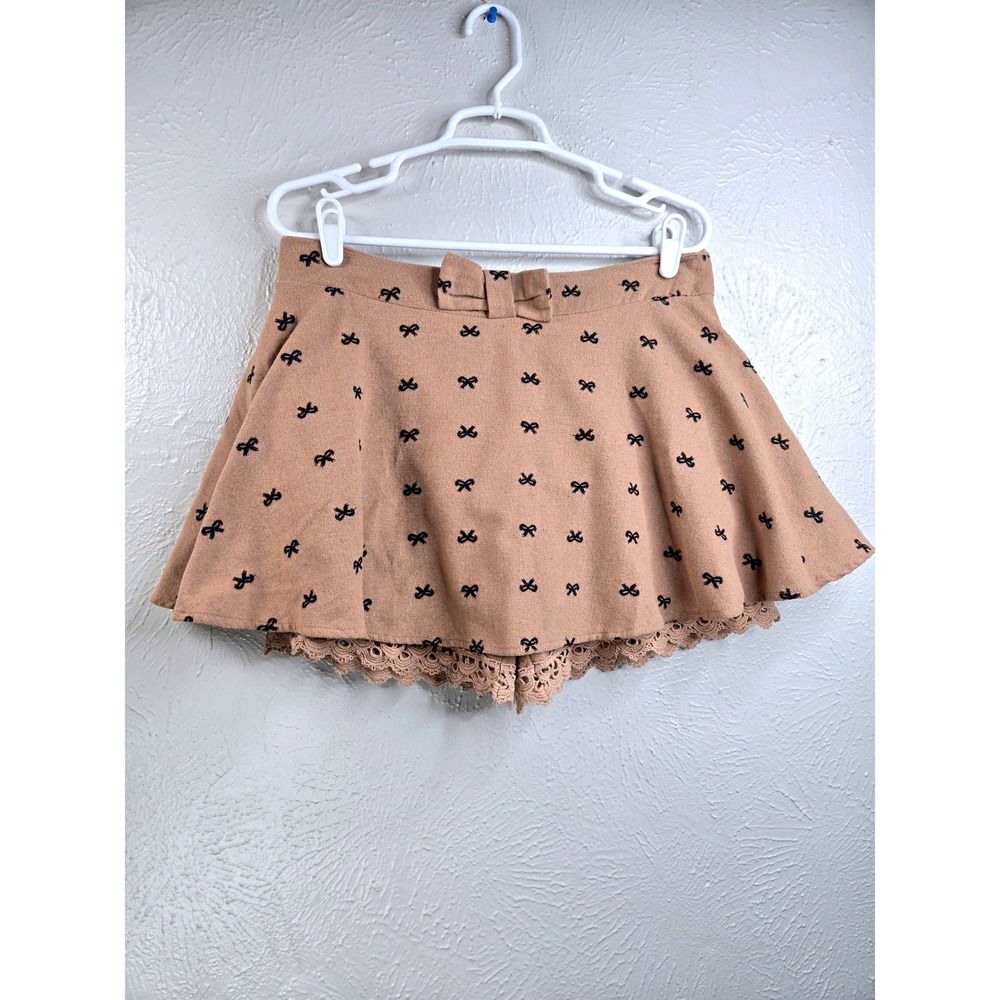 Bow Embroidered Mini Skort Sz Large Tan Lace Trim Coquette Dollcore Skirt Shorts
